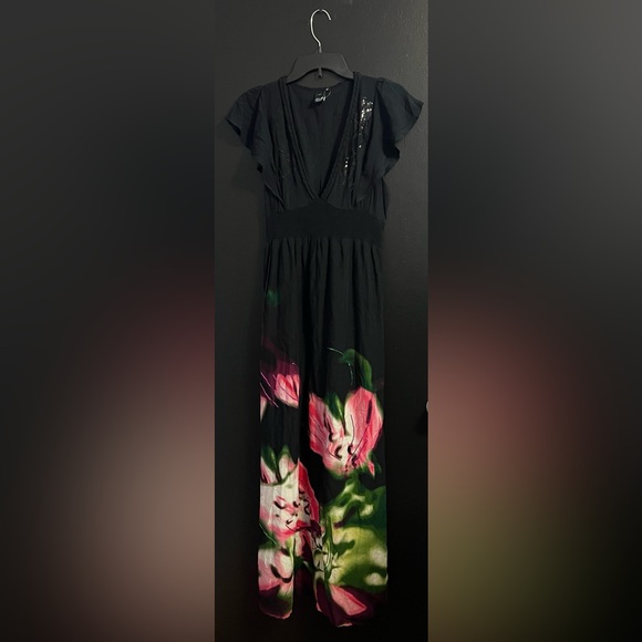 DeSigual Black Maxi Dress with Pink & Green Floral Print - Picture 2 of 7
